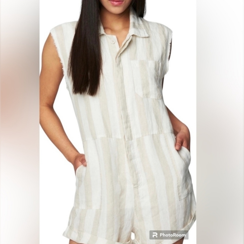 BLANK NYC,Changing Lanes Striped Linen Romper, Light Tan/Cream, Size Large -NWT - Picture 3 of 13